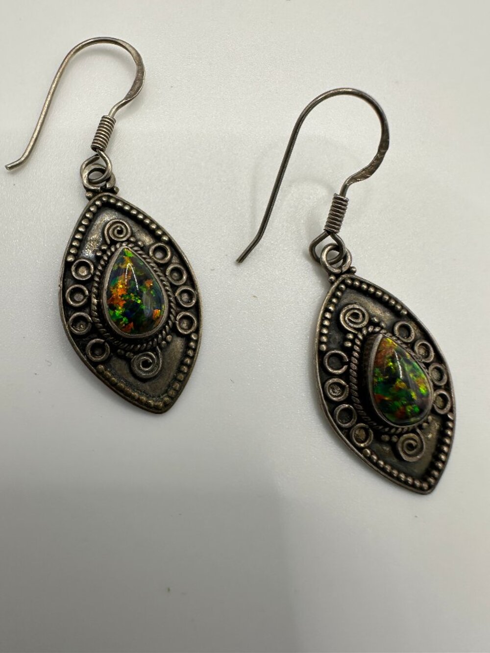 925 Sterling Silver Opal Look Dangle Earrings Scrollwork 2"